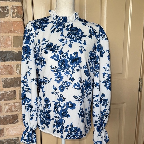 Floral Print Flouncy Sleeve High Ruffle Neckline Pearl Button Keyhole Detail - Picture 2 of 14